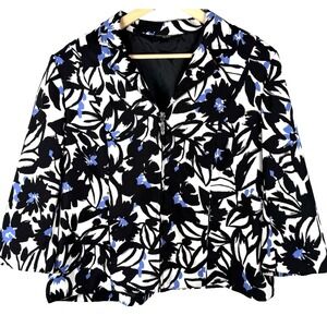 Molly & Maxx Petite Womens Blazer Large Black White‎ Blue Floral Artsy Statement